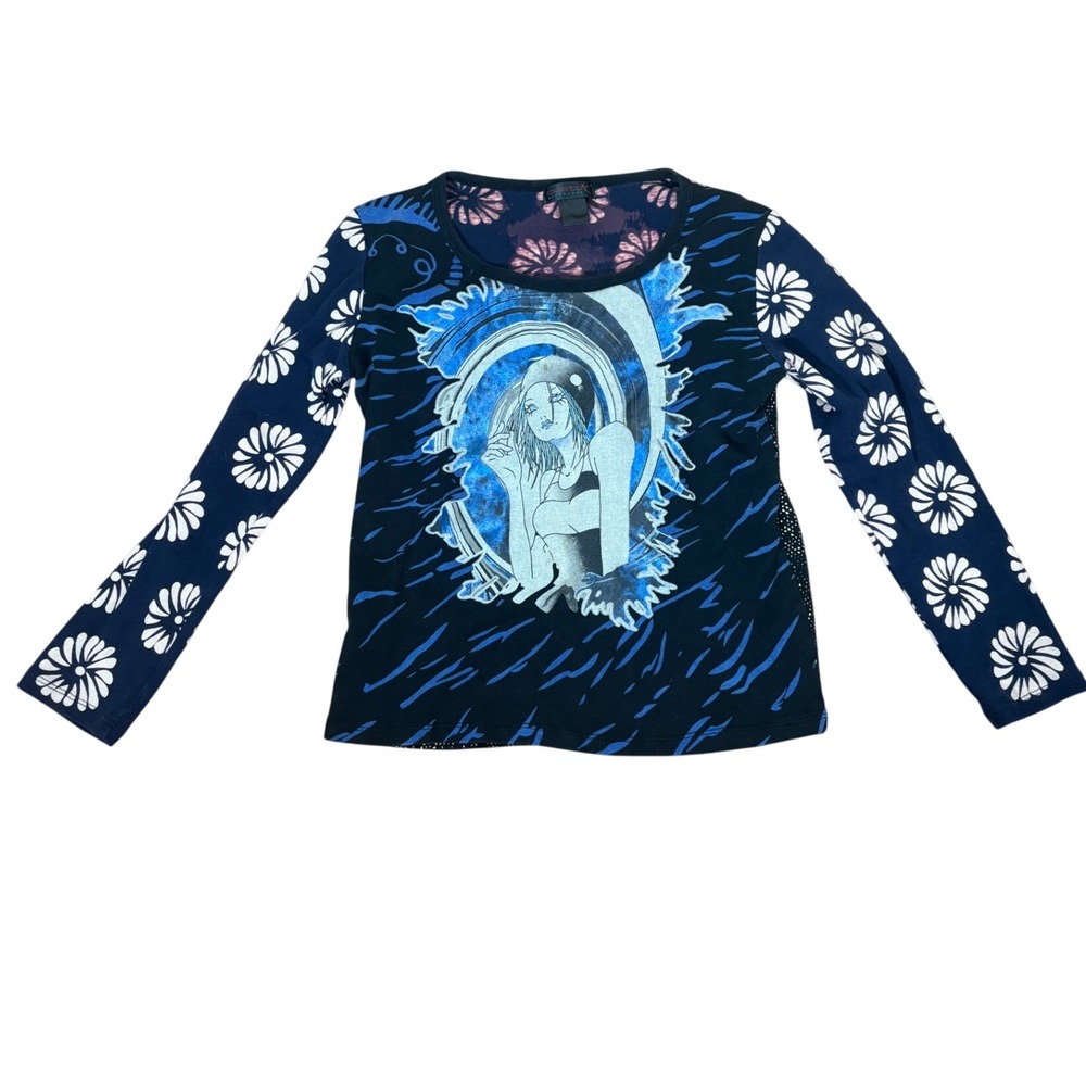 Vintage Custo Barcelona Mixed Print Anime Graphic Long Sleeve Top Black Blue S